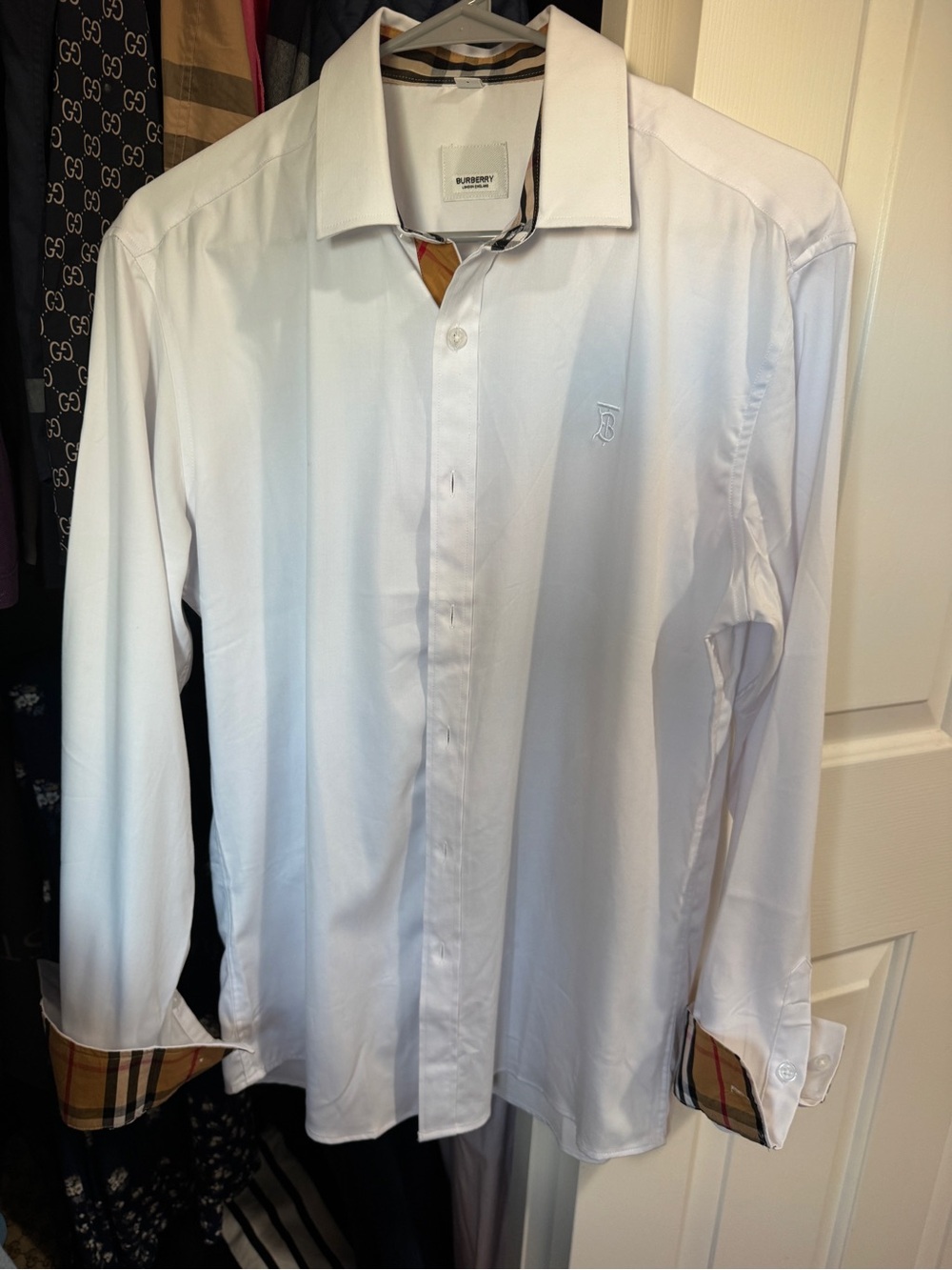 Burberry White Long-Sleeve Dress Shirt with Signature Check Trim
